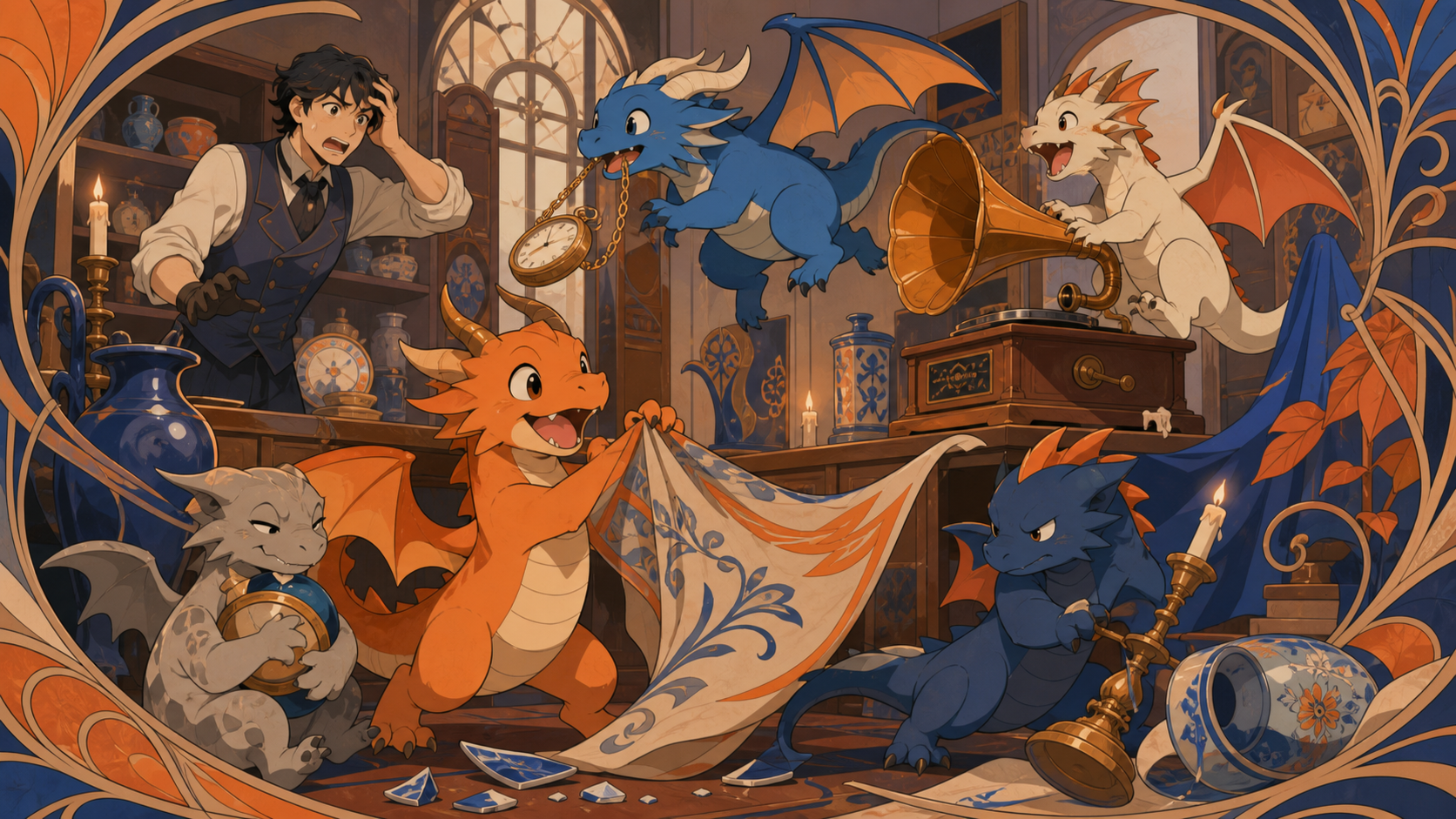 Newly hatched pocket dragons turning a quiet antique shop upside down, caught immediately before their elaborate plan obviously fails. Ensemble comedy tableau with several connected visual jokes. Cobalt, persimmon orange