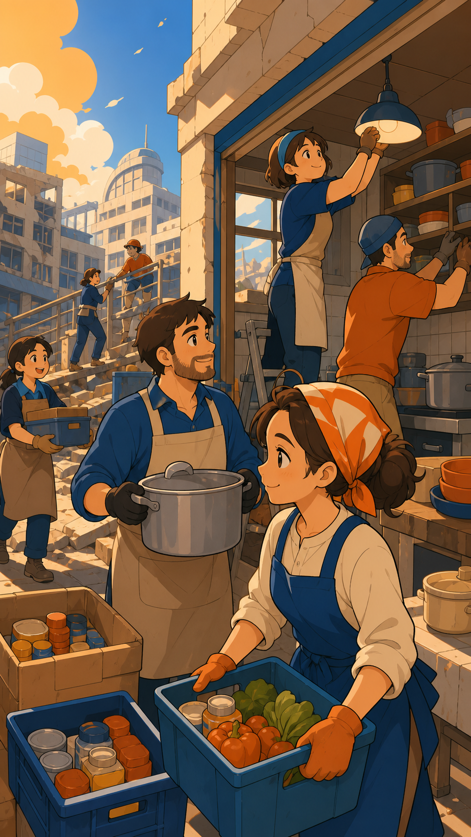 Adult volunteers reopening a community kitchen after the city briefly lost gravity, during the steady practical work after the immediate danger has passed. Strong diagonal composition following a rescue line across the s