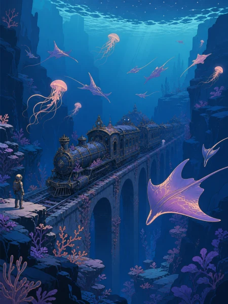 A sunken royal train crossing an ocean trench on intact rails, as a migration of unfamiliar luminous animals passes through. Vertical descent composition with a tiny explorer provi