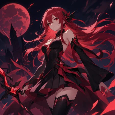 A beautiful anime girl with long red hair, dressed as a magical girl in black clothes with red accents