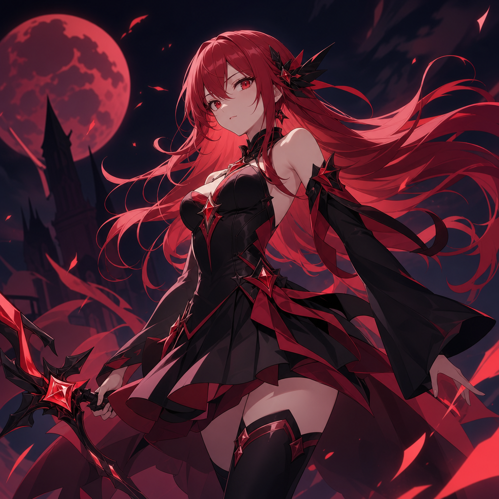 A beautiful anime girl with long red hair, dressed as a magical girl in black clothes with red accents