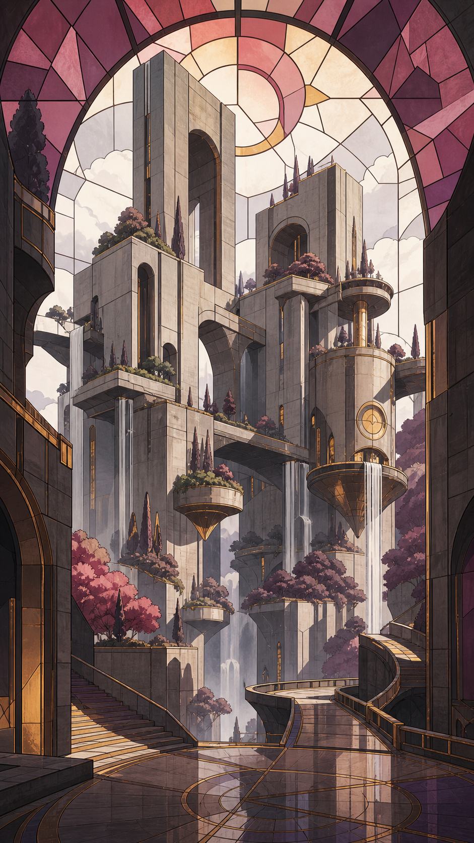 A brutalist monastery softened by waterfalls and floating gardens, shown empty just before its inhabitants wake. Dramatic vertical composition emphasizing scale and impossible geometry. Muted rose, parchment, muted plum,