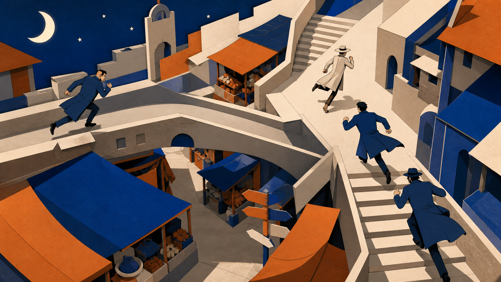 Detectives chasing a polite thief through a crowded morning market, through a sequence of clearly readable obstacles and route choices. High-angle route view following movement through intersecting streets. Cobalt, persi
