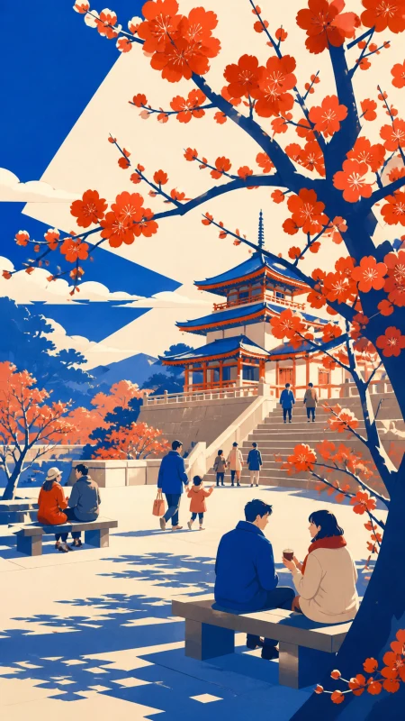 A hillside temple framed by red plum branches at dawn, during a gentle public holiday filled with small social moments. Wide park scene balanced by one striking tree and several sm