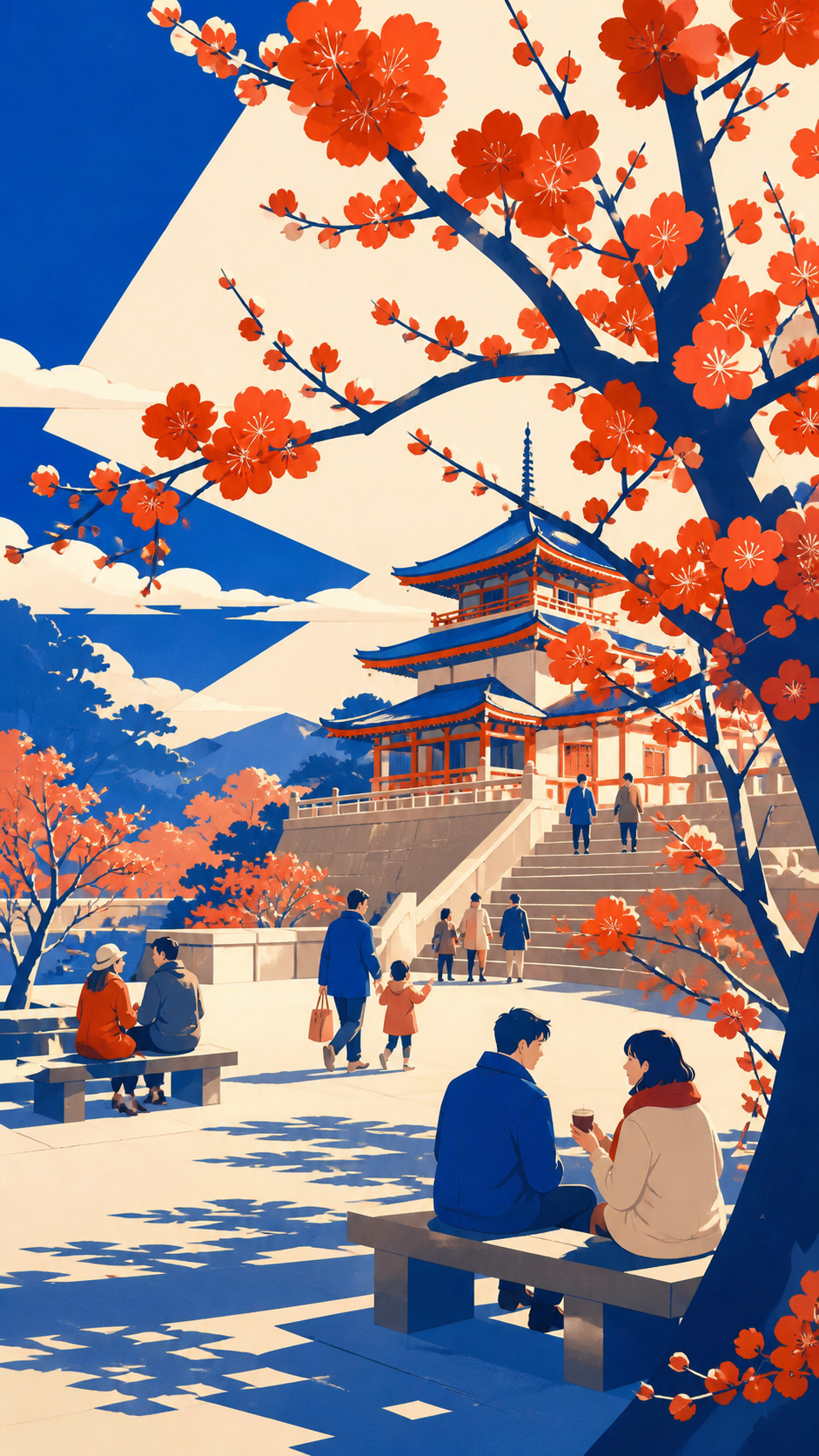 A hillside temple framed by red plum branches at dawn, during a gentle public holiday filled with small social moments. Wide park scene balanced by one striking tree and several small stories. Cobalt, persimmon orange, w
