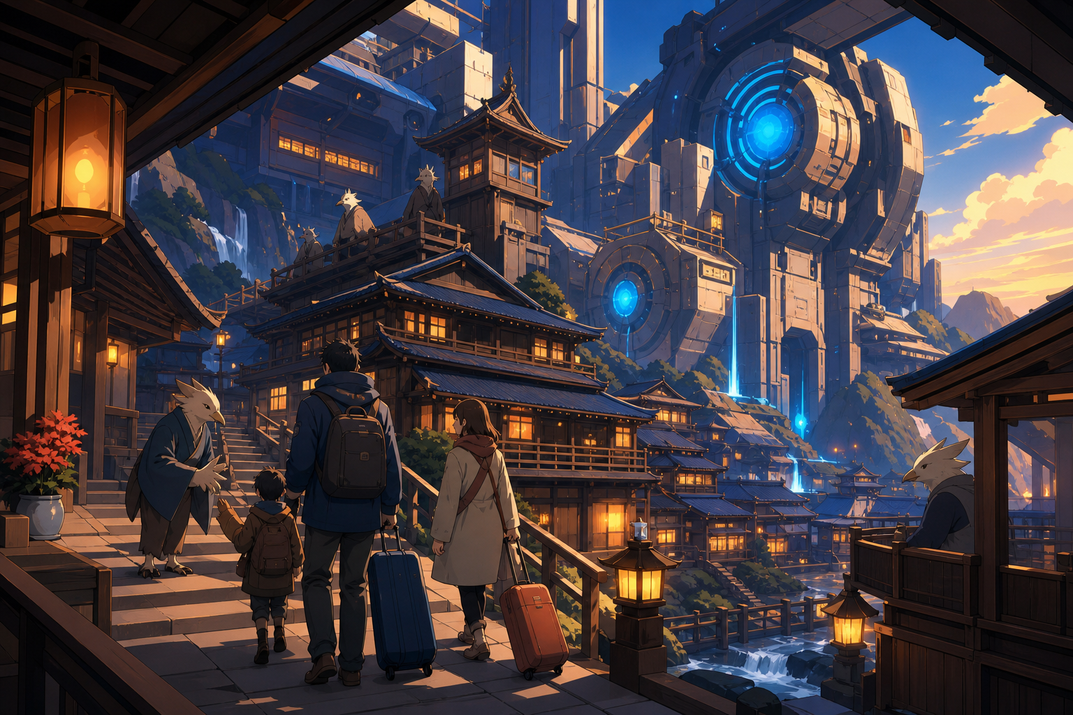 A family arriving at a hillside inn run by courteous bird spirits, on a cold evening when every window feels welcoming. Intimate walkway frame with architecture enclosing the characters. Amber, walnut brown, rain blue, a