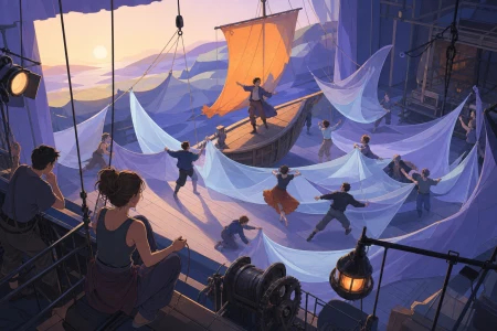 A small theater company staging an epic voyage using only fabric and practical lights, during rehearsal with visible stagecraft adding to the charm. High balcony view turning chore