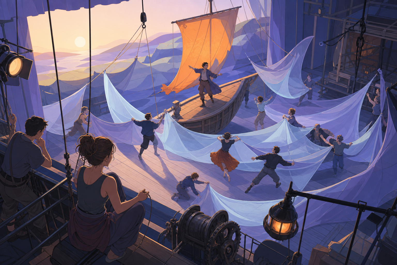 A small theater company staging an epic voyage using only fabric and practical lights, during rehearsal with visible stagecraft adding to the charm. High balcony view turning choreography into clear graphic patterns. Pal