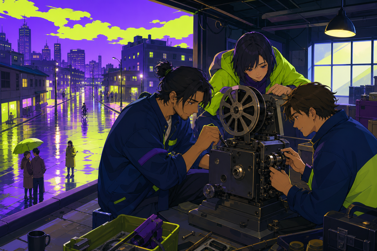 Three adult friends repairing an old rooftop cinema projector, just after rain leaves every street reflecting a different color. Observational street-level frame with foreground movement and a clear focal story. Acid lim