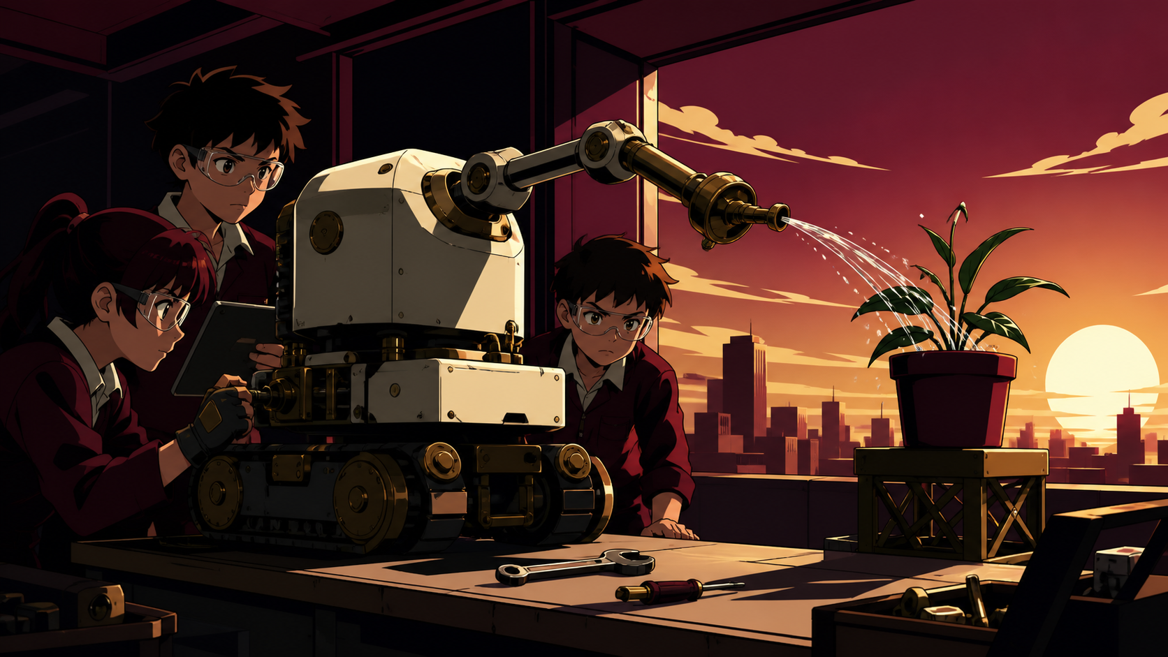 Schoolchildren building a robot that waters one stubborn rooftop plant, during a focused collaborative test with a clear result. Workbench-wide scene showing builders, invention, and result. Burgundy, midnight green, bon