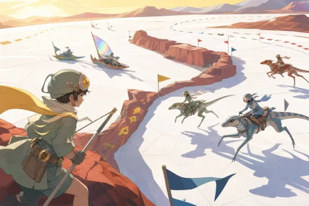 Young riders racing friendly long-legged lizards across a salt flat, at a joyful regional tournament rather than a dangerous battle. Elevated course map-like view organized around 