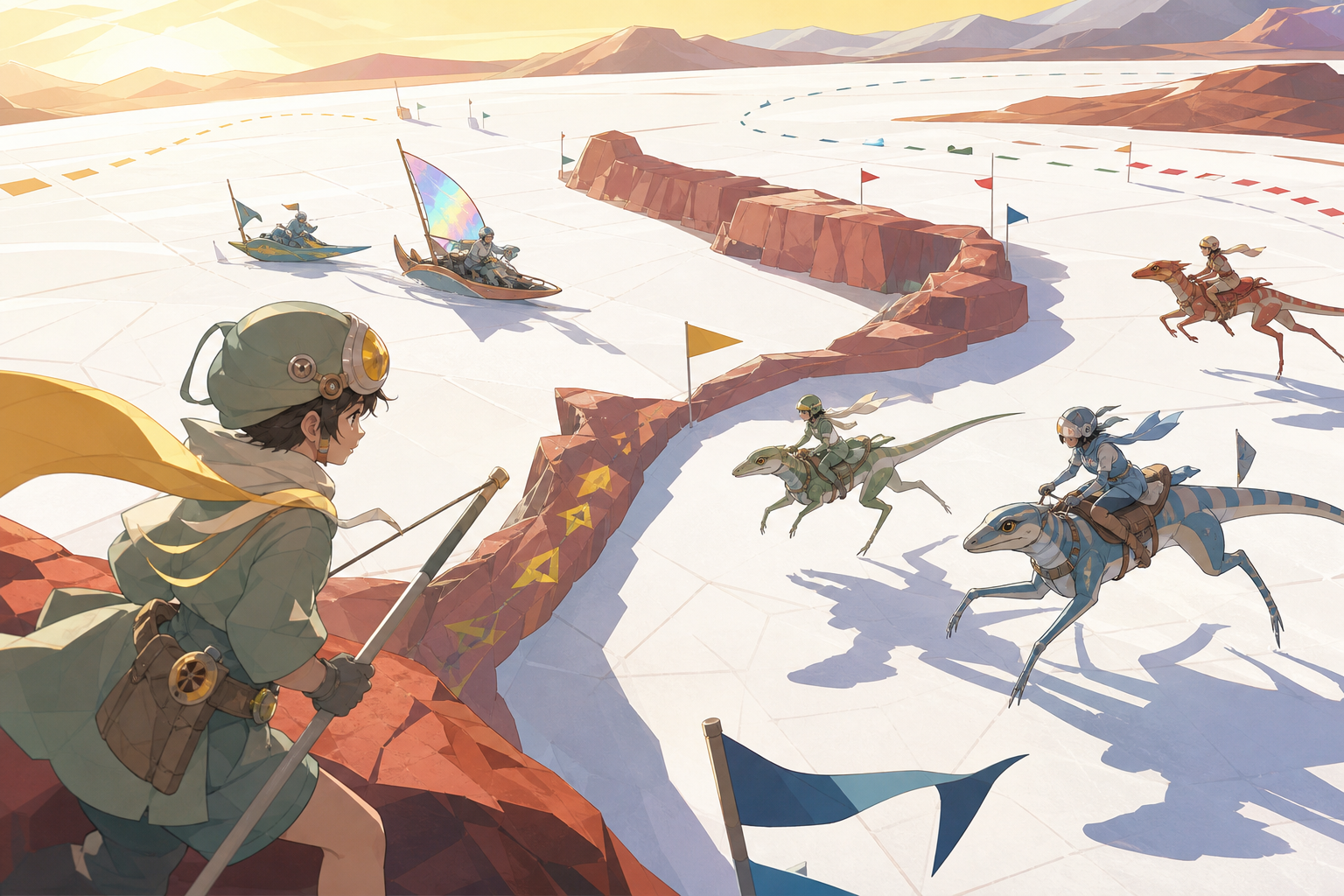 Young riders racing friendly long-legged lizards across a salt flat, at a joyful regional tournament rather than a dangerous battle. Elevated course map-like view organized around one decisive shortcut. Clay red, sage, f