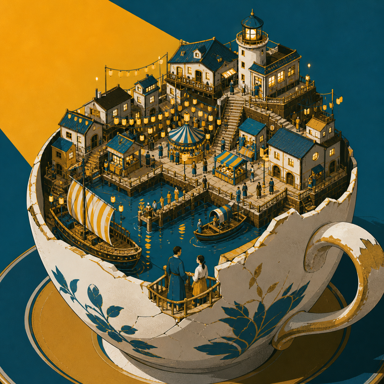A harbor town thriving inside a chipped porcelain teacup, during a miniature festival full of delicate points of light. Isometric-like miniature vista with multiple readable zones of activity. Saffron, peacock blue, dark