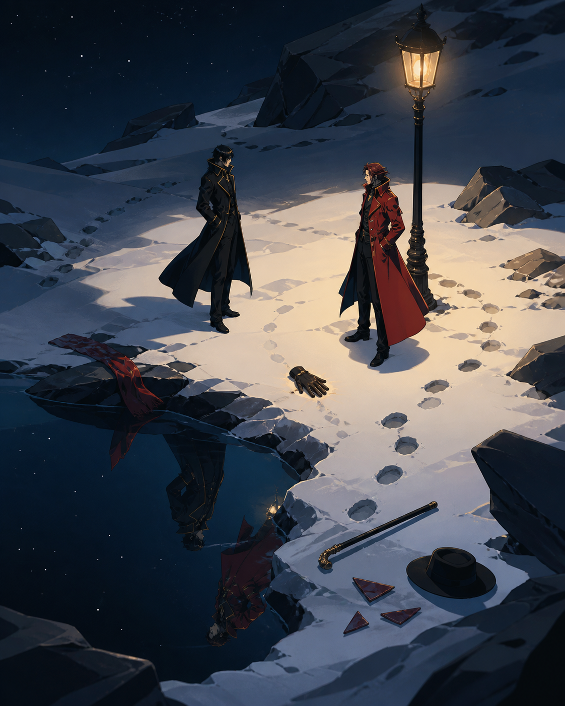 Two rival investigators meeting beneath the last working streetlamp, at the turning point where one overlooked object solves half the mystery. Graphic high-angle investigation tableau with clues forming a visual path. Pi