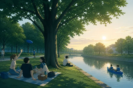 A summer avenue of tall green trees beside a quiet canal, at an unusual hour that makes a familiar place feel new. Wide park scene balanced by one striking tree and several small s