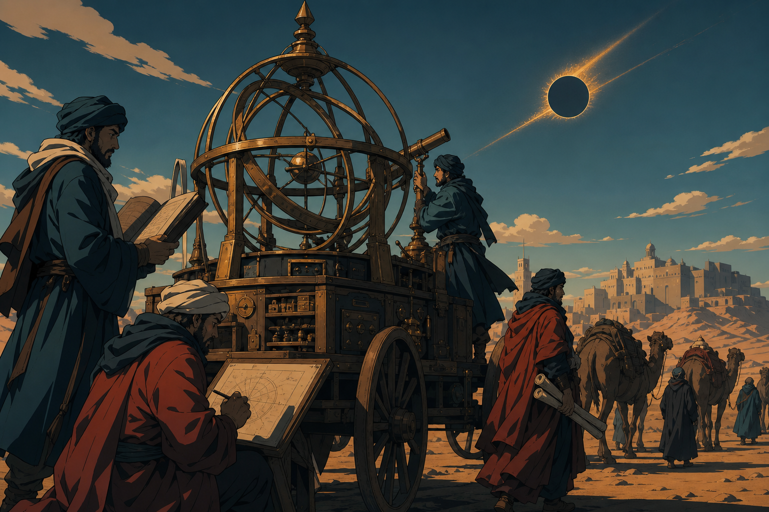 A desert caravan of scholars carrying a mobile brass observatory, grounded in convincing period materials with one restrained supernatural event. Painterly historical scene centered on work, place, and atmosphere. Petrol