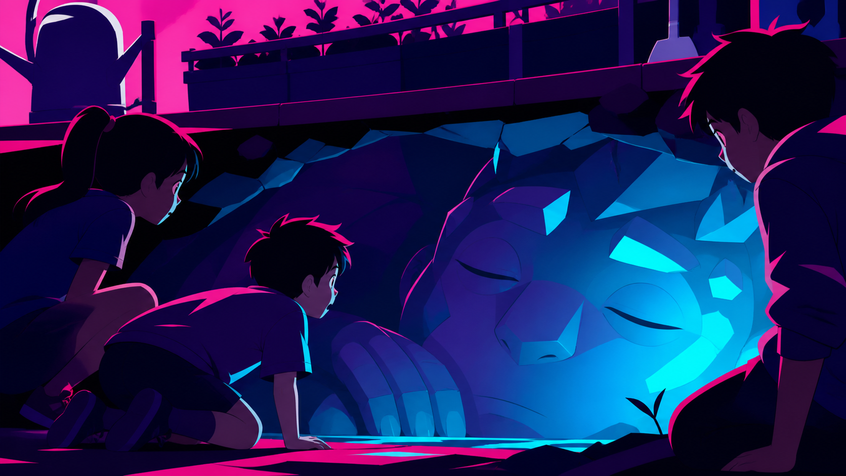 A boy finding a gentle giant asleep beneath the community garden, during a quiet afternoon when ordinary objects become extraordinary. Intimate close view centered on one expression of awe. Saturated magenta, electric cy