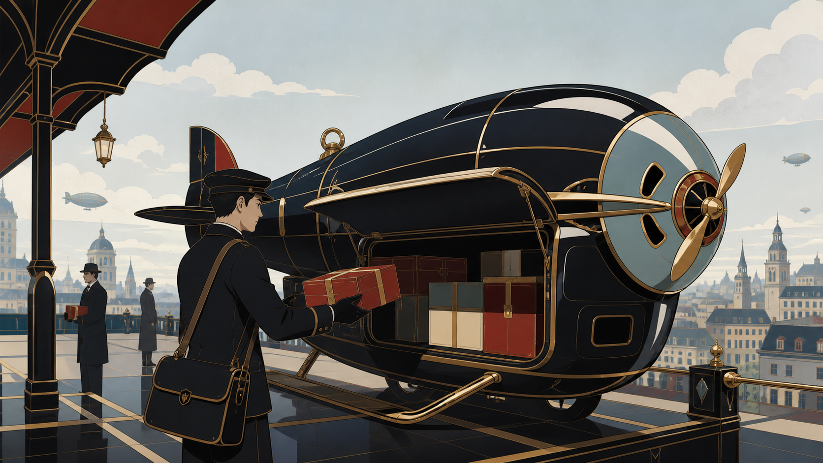 A 1920s city courier delivering packages by compact personal airship, with the alternate technology integrated naturally into its era. Observational workplace view where the unusual machine feels routine. Pine black, sno