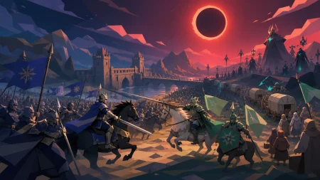 Two cavalry forces colliding beneath a red eclipse, when former enemies must cooperate against a supernatural army. Battle-wide panorama with clearly separated forces and a decisiv