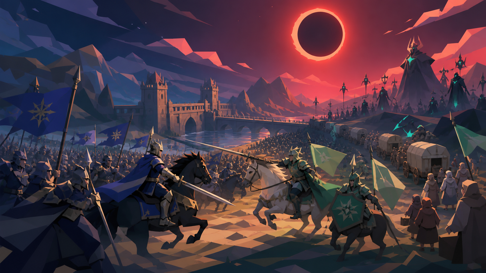 Two cavalry forces colliding beneath a red eclipse, when former enemies must cooperate against a supernatural army. Battle-wide panorama with clearly separated forces and a decisive focal clash. Moonlit indigo, oxidized 