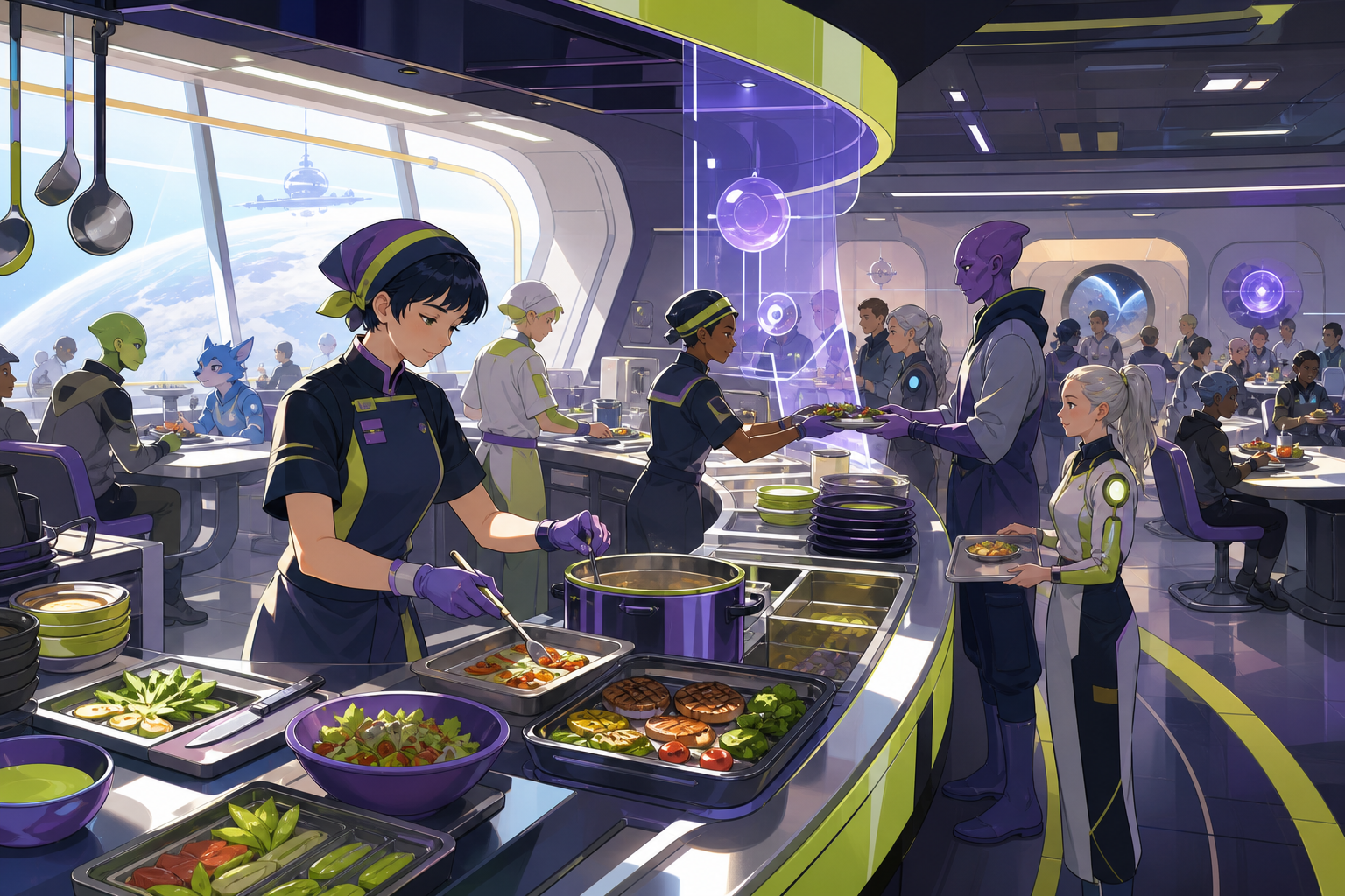 A space-station cafeteria crew handling the lunch rush for many kinds of travelers, shown through the rhythm of preparation and service. Wide kitchen-and-dining frame linking preparation to the people being served. Acid 