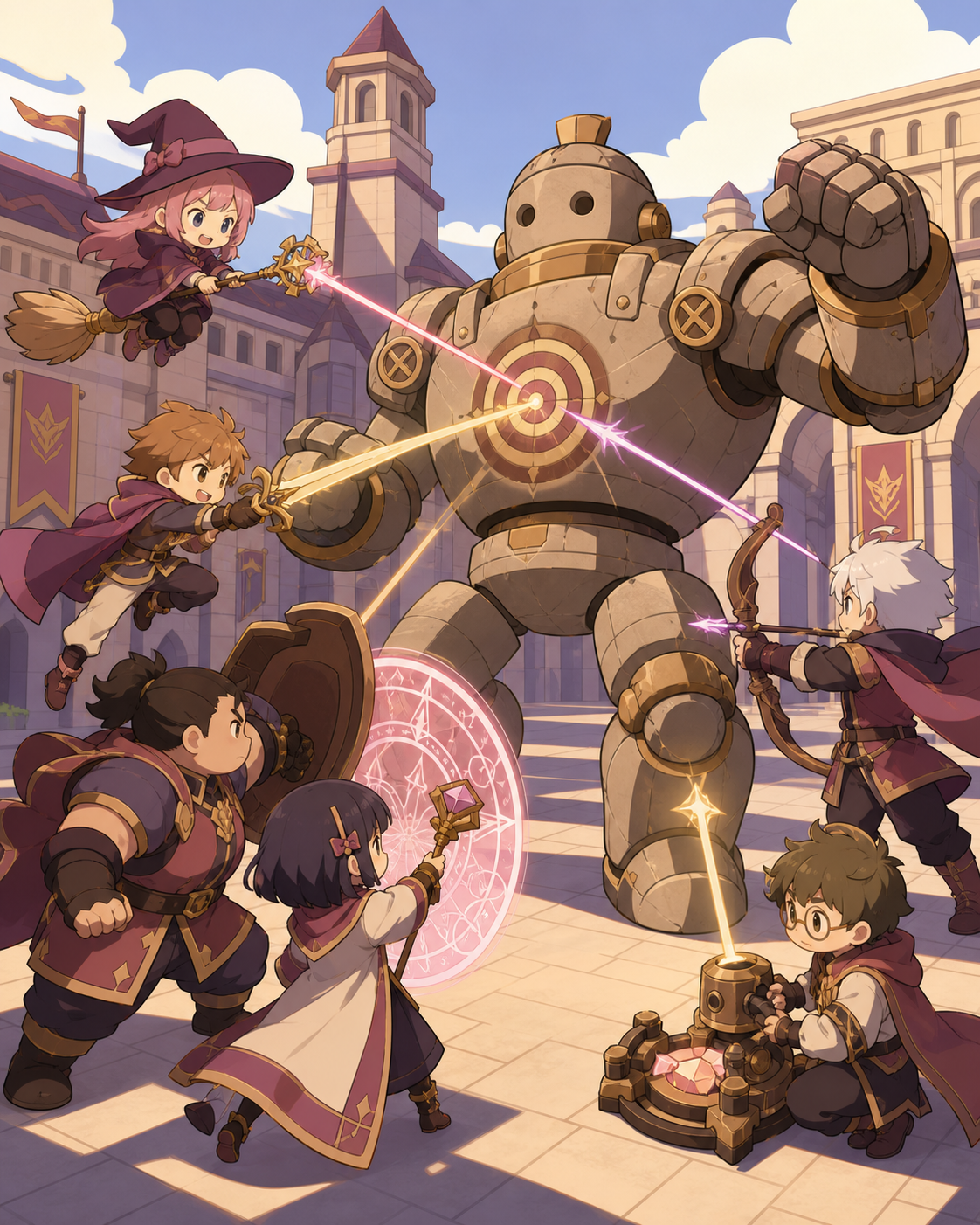 Young academy heroes coordinating against a giant training construct, at the moment separate actions connect into one clear plan. Wide ensemble action tableau with each role readable independently. Muted rose, parchment,