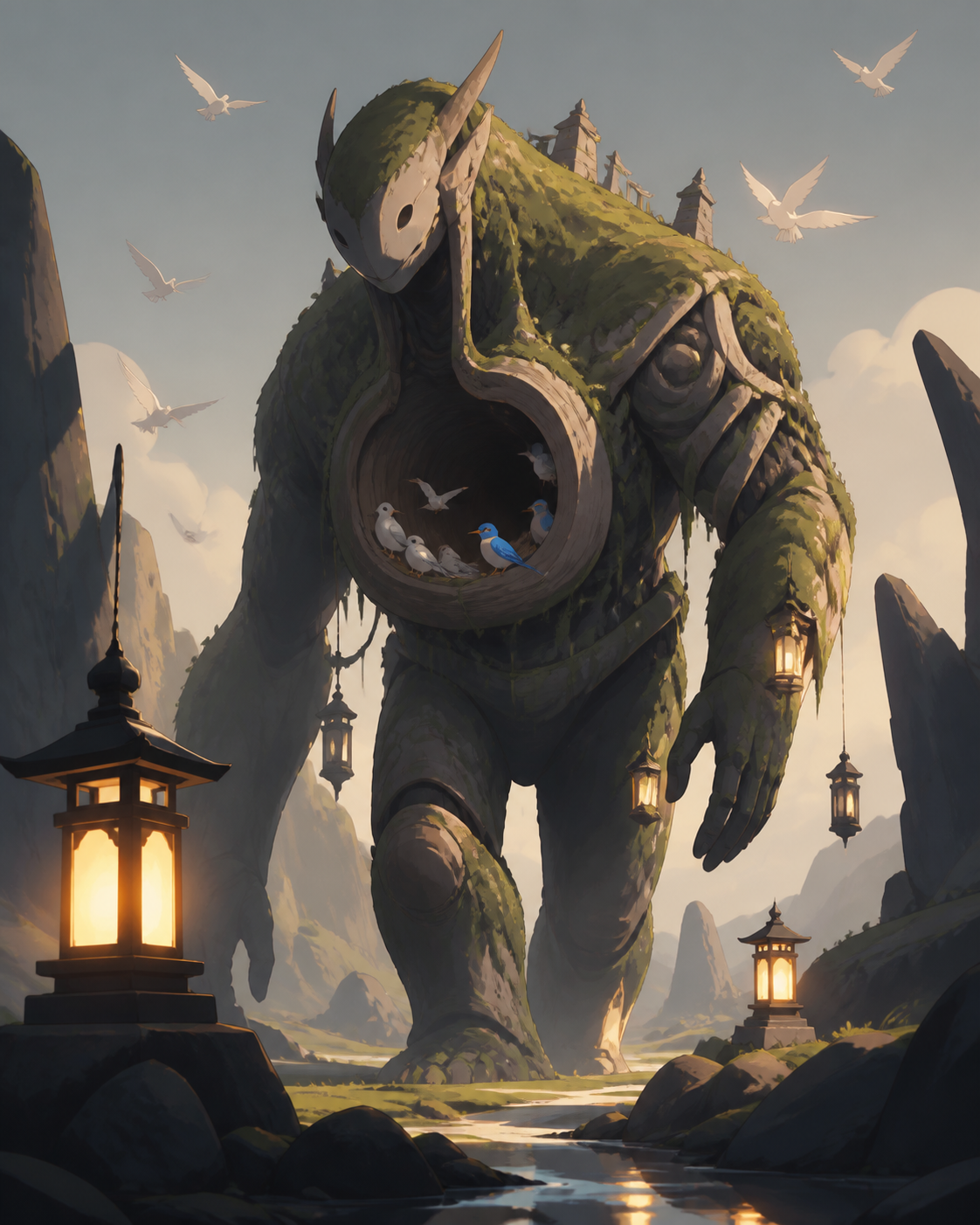 A gentle moss-covered guardian with a hollow chest full of songbirds, crossing its natural habitat during a rare seasonal migration. Low-angle encounter framed by terrain and atmospheric depth. Soft monochrome with a sin