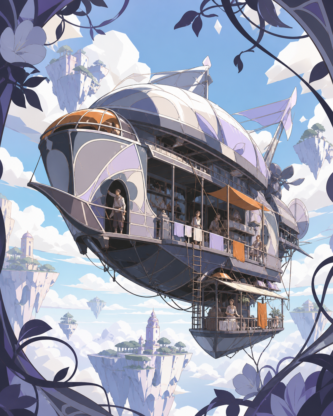 A weather-beaten airship ferry serving remote floating islands, mid-journey with passengers revealing how the vehicle is actually lived in. Grand three-quarter vehicle view embedded naturally in its route. Pale lavender,