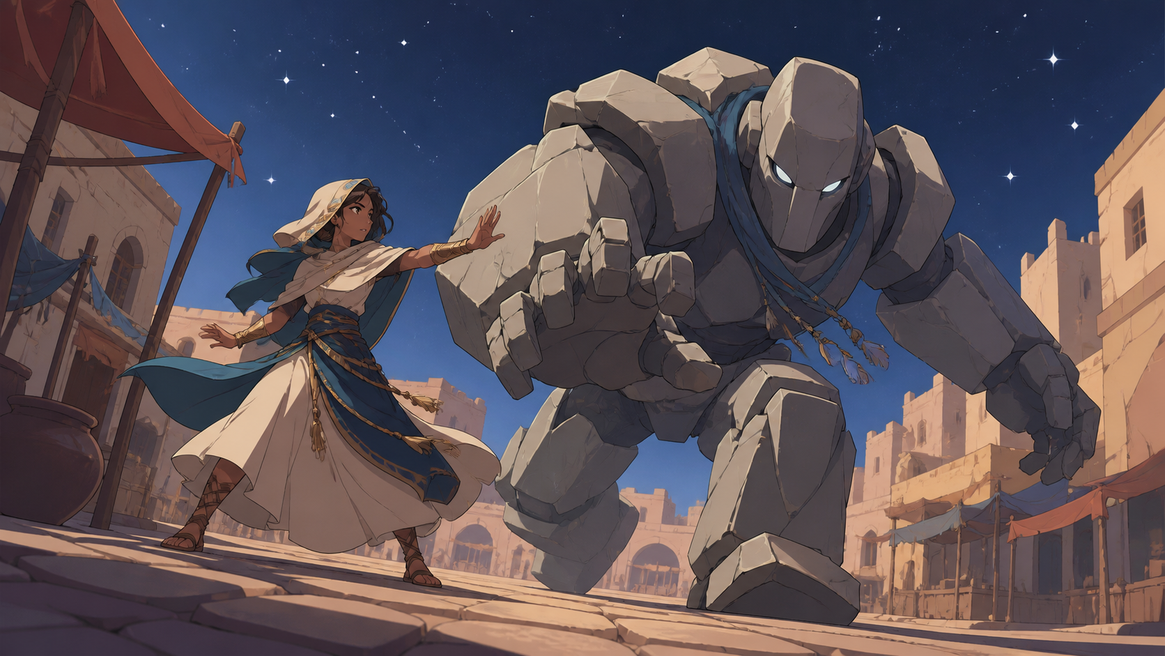 A rescue mage steering a runaway stone beast through an empty market square, during a high-stakes task centered on protection rather than destruction. Dynamic low-angle view preserving clear silhouettes. Sun-bleached pea