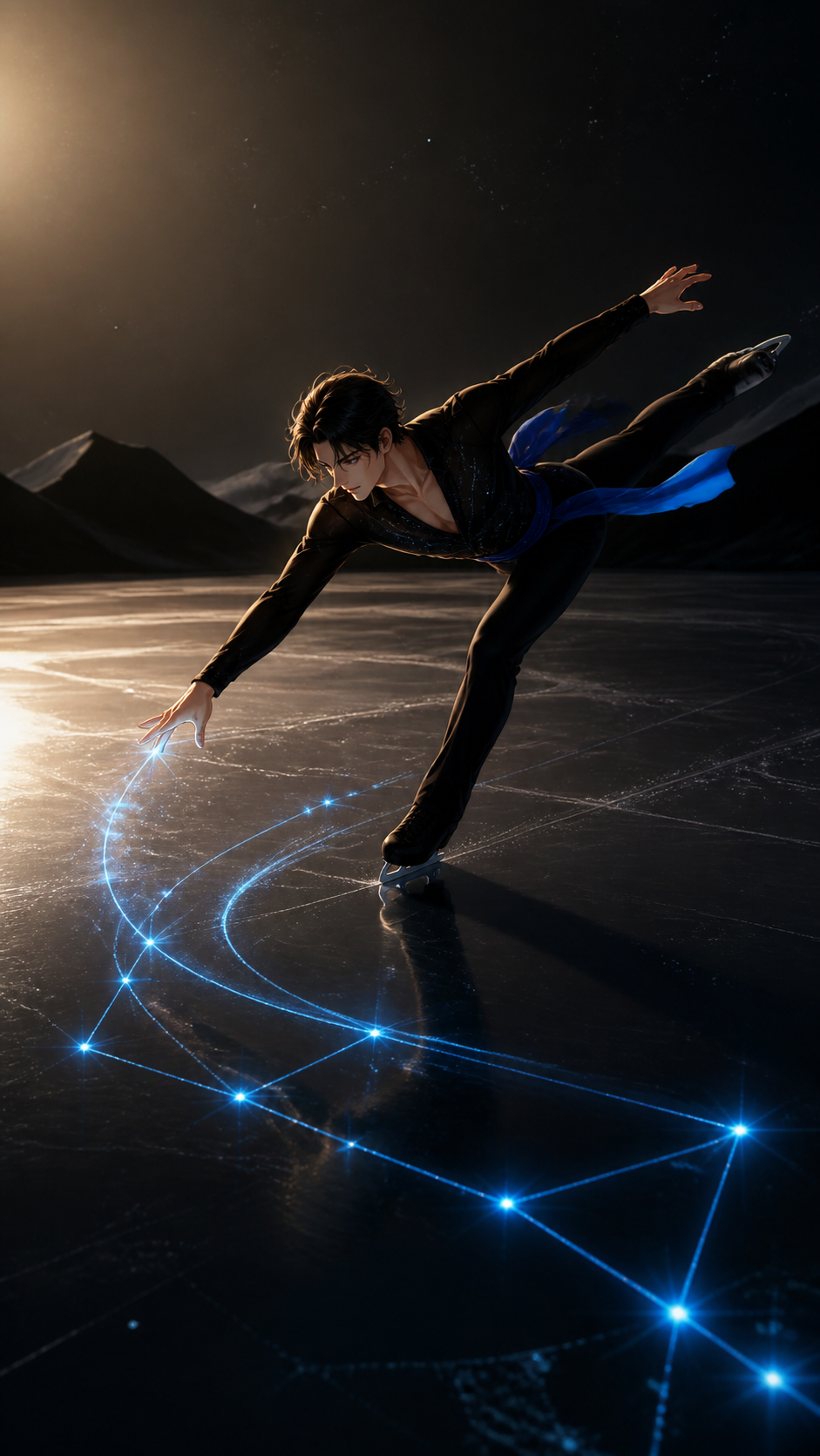 An adult figure skater tracing luminous constellations across black ice, frozen at the instant of greatest balance and momentum. Bold diagonal action composition with ample space ahead of the movement. Soft monochrome wi