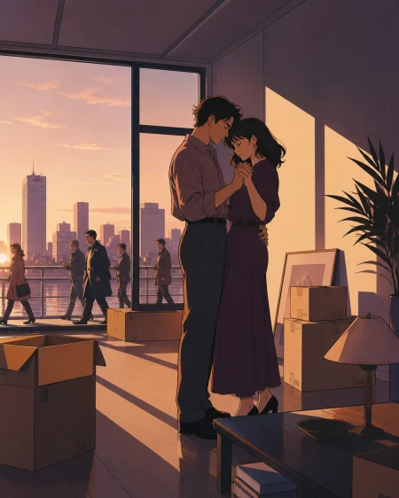 An adult couple slow-dancing while packing an almost-empty apartment, in a private-feeling moment surrounded by ordinary public life. Cinematic two-person frame using architecture 