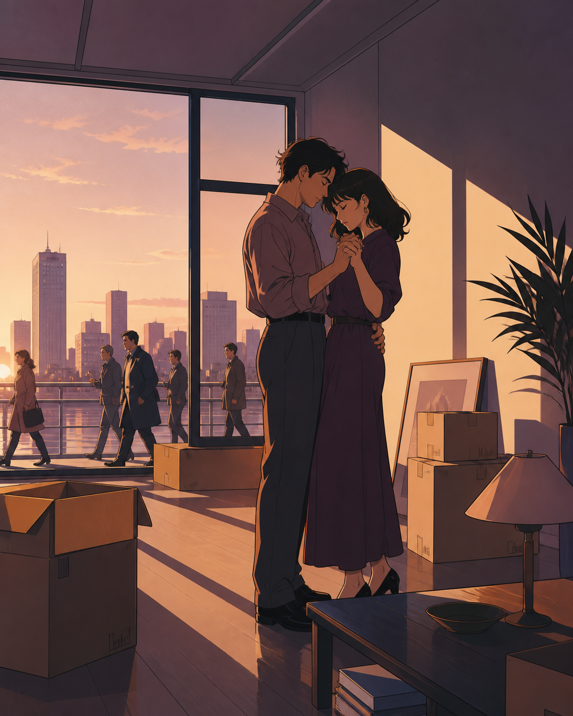 An adult couple slow-dancing while packing an almost-empty apartment, in a private-feeling moment surrounded by ordinary public life. Cinematic two-person frame using architecture and negative space to express the relati