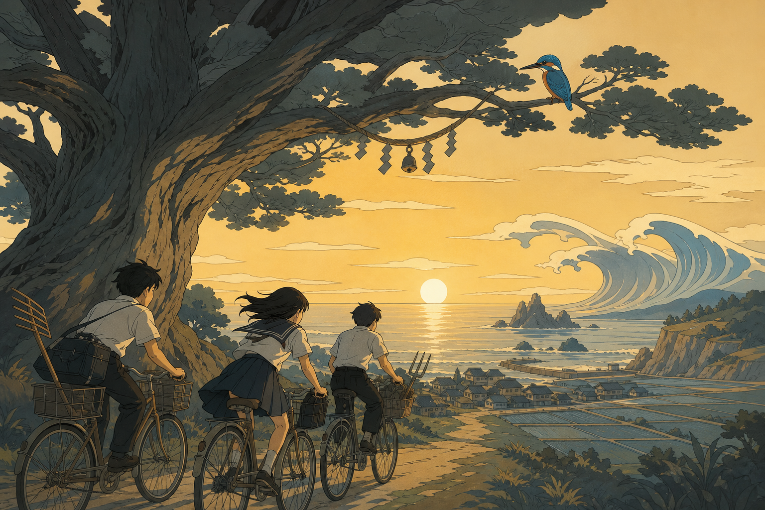 School friends cycling toward a coastal village before sunset, as a harmless local legend quietly proves true. Warm eye-level narrative frame balanced by a monumental tree. Soft monochrome with a single saturated kingfis