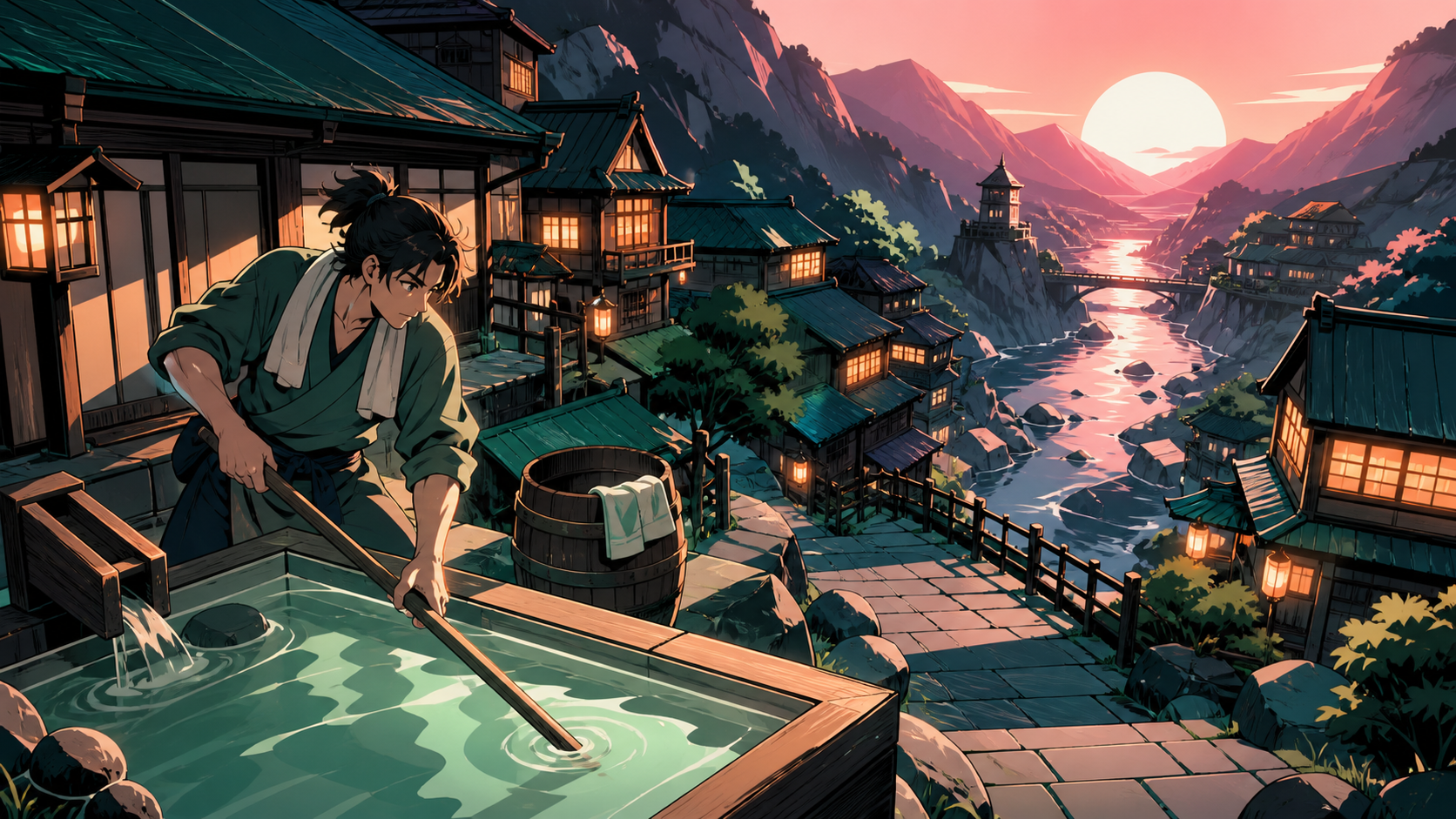 An innkeeper preparing outdoor baths before sunrise, during the peaceful hour before the first guests wake. Elevated town view following warm windows down toward the river. Celadon, coral pink, ink black, and rice-paper 