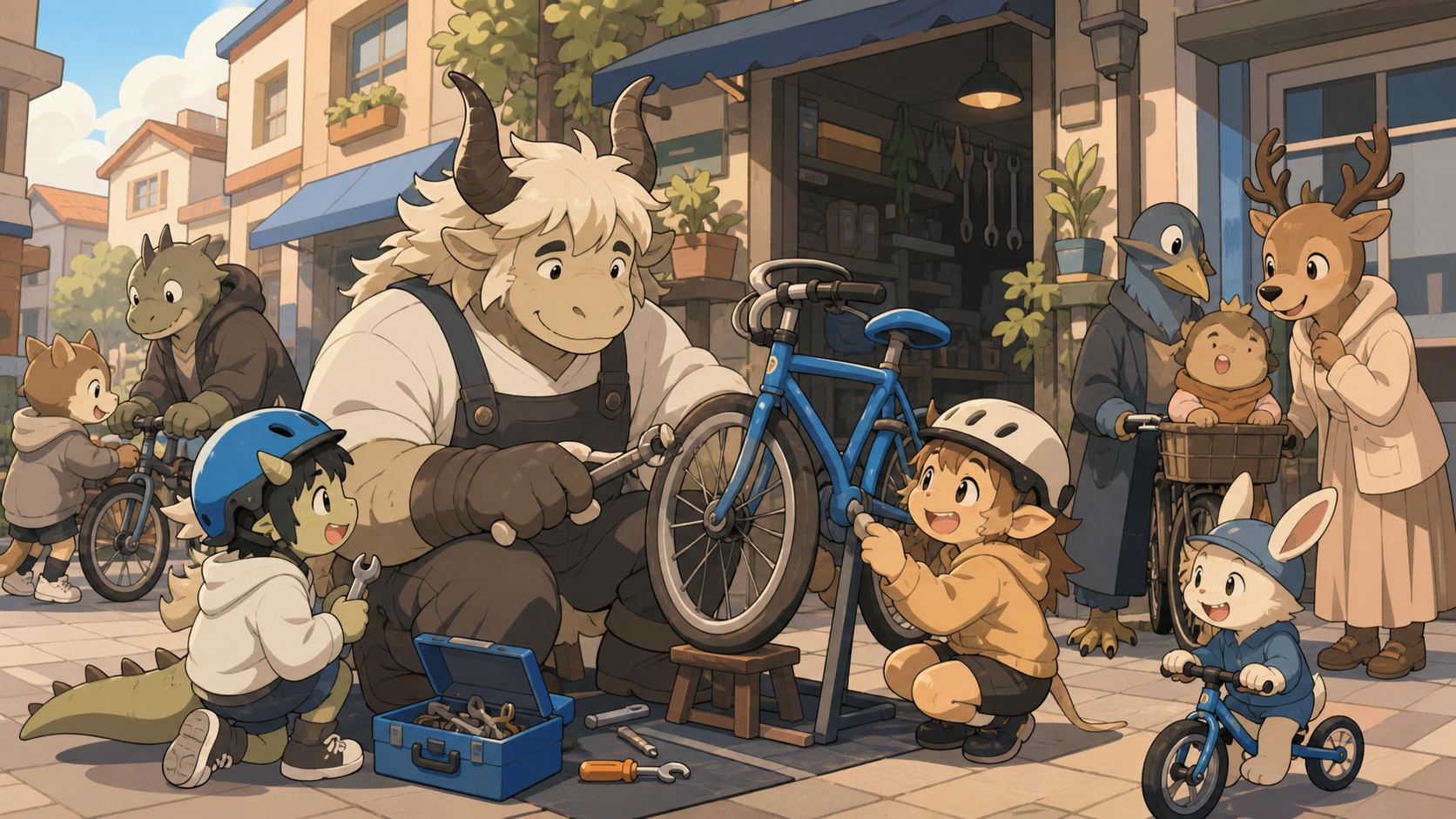 A gentle horned mechanic repairing bicycles for neighborhood families, on a busy morning where unusual anatomy is practically useful. Wide neighborhood ensemble with multiple species sharing one activity. Soft monochrome