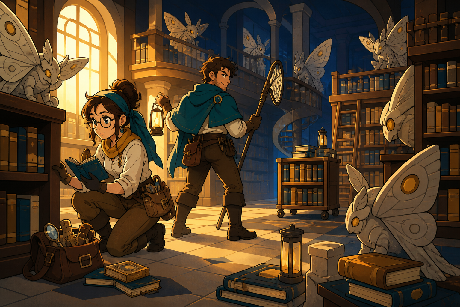 Two treasure hunters navigating a library patrolled by stone moths, between major dangers during a practical human-scale task. Wide party tableau that makes the environment feel explorable. Saffron, peacock blue, dark um