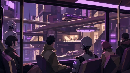 A midnight bus carrying humans and androids through a vertical city, as the route passes through several distinct levels of the city. Interior view looking through a large window a