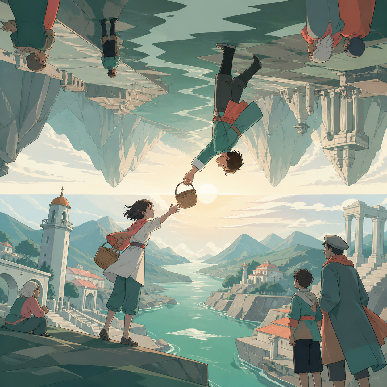 A river flowing between mirrored mountain valleys above and below, during an everyday exchange across the central open space. Character-level composition at the exact gravity transition. Sea-glass green, faded coral, sto