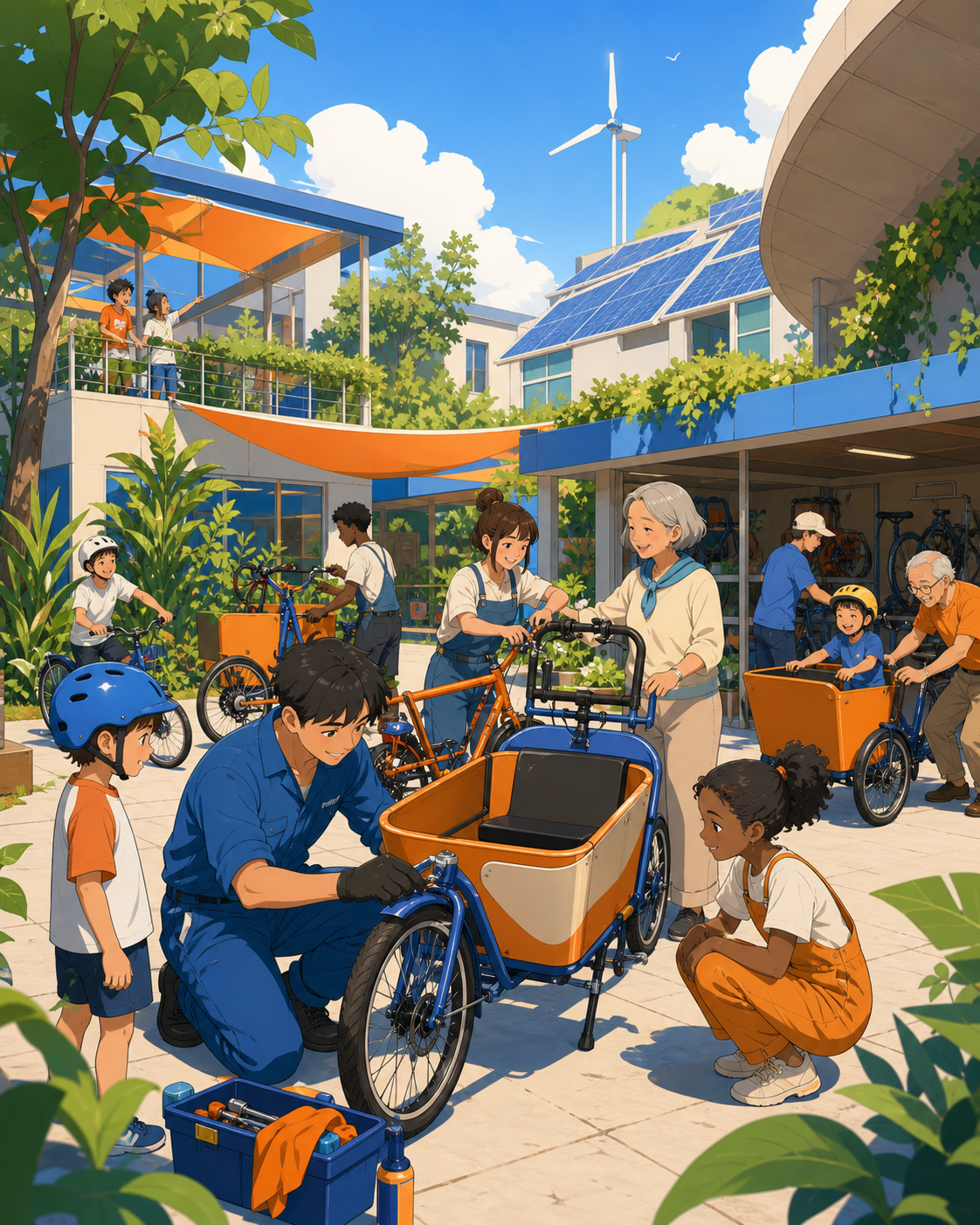 Bike mechanics maintaining a neighborhood cargo-cycle library, on a bright weekend when public spaces are shared across generations. Wide courtyard ensemble organized around one shared activity. Cobalt, persimmon orange,
