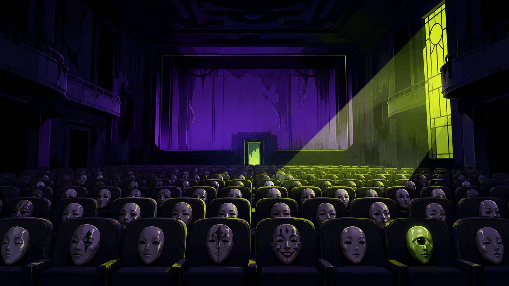 An abandoned theater where every empty seat holds a different porcelain mask, quiet and beautiful enough to invite curiosity despite the unease. Still symmetrical frame disturbed by one small impossible detail. Acid lime