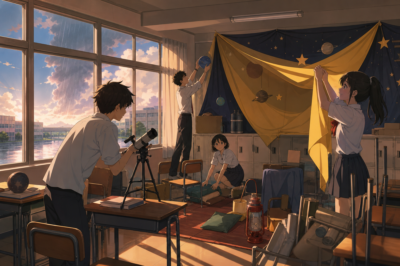 Teenagers turning an unused classroom into a tiny astronomy club, during a sudden summer shower that changes everyone's plans. Sunlit classroom composition with desks creating calm geometric rhythm. Clay red, sage, faded