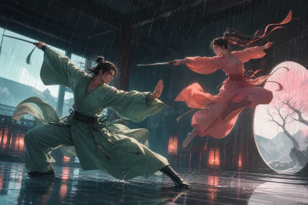 Two martial artists performing a ceremonial exhibition in heavy rain, frozen at the instant of greatest balance and momentum. Bold diagonal action composition with ample space ahea