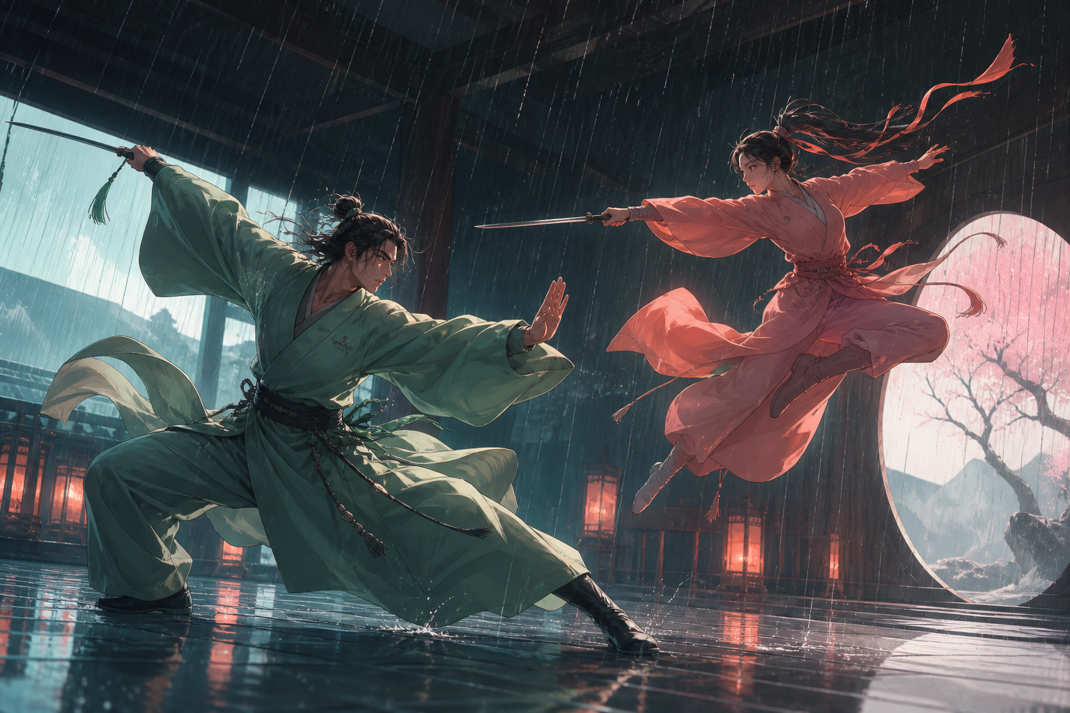 Two martial artists performing a ceremonial exhibition in heavy rain, frozen at the instant of greatest balance and momentum. Bold diagonal action composition with ample space ahead of the movement. Celadon, coral pink, 