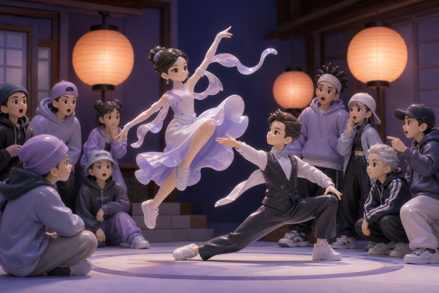 A ballroom pair answering a hip-hop crew with playful choreography, as the surrounding circle reacts to an unexpected move. Ensemble reaction frame with one dancer suspended at the focal instant. Pale lavender, icy blue,