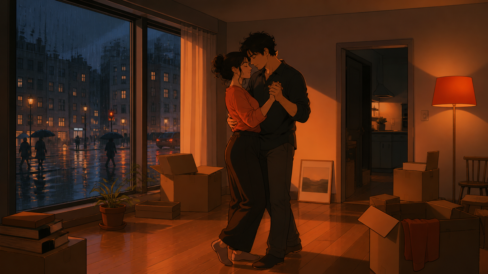 An adult couple slow-dancing while packing an almost-empty apartment, in a private-feeling moment surrounded by ordinary public life. Cinematic two-person frame using architecture and negative space to express the relati