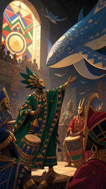 A masked festival procession welcoming a friendly sky creature, during a confident original fantasy rooted in community and oral history. Music-centered public tableau where visibl