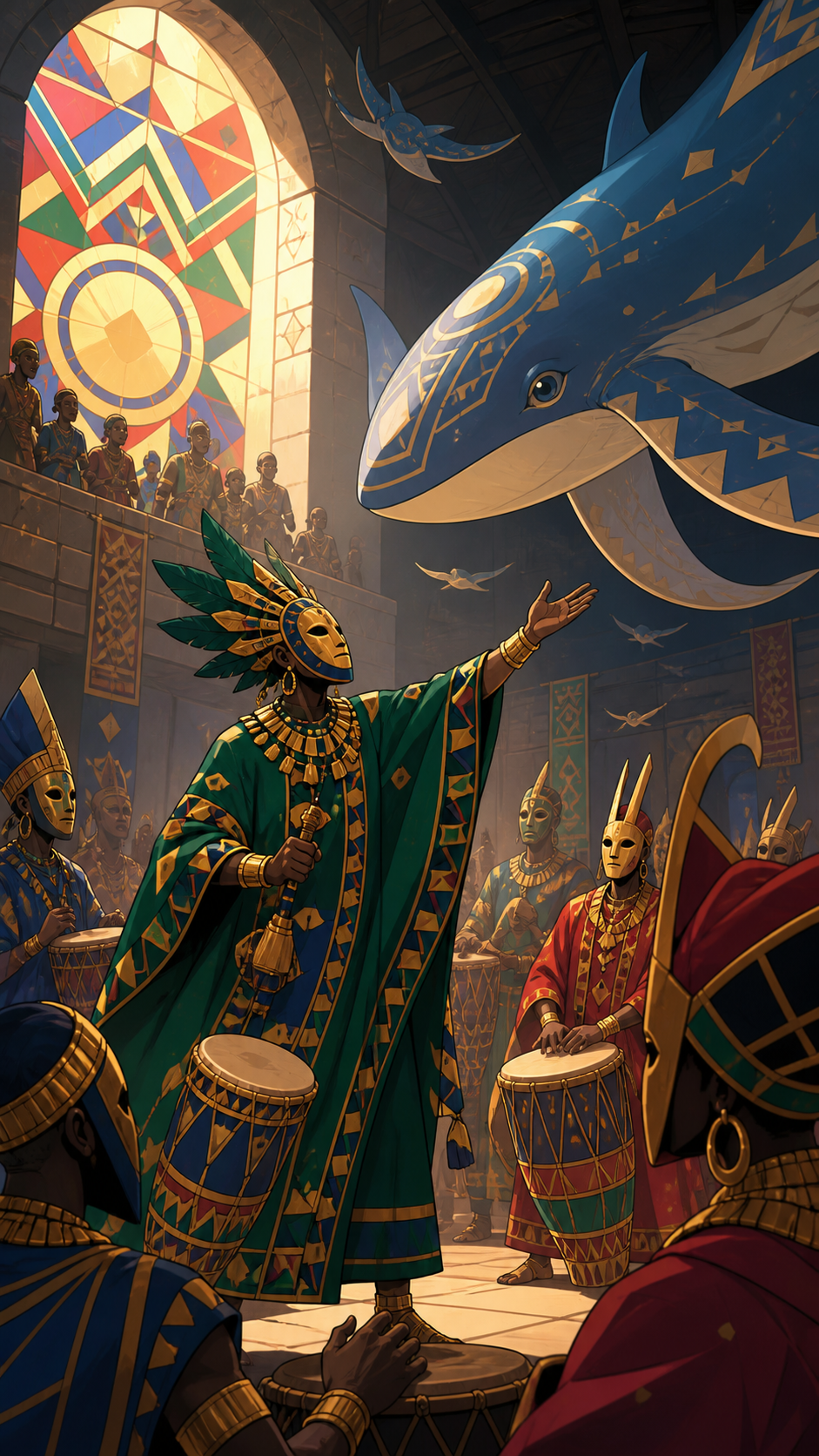 A masked festival procession welcoming a friendly sky creature, during a confident original fantasy rooted in community and oral history. Music-centered public tableau where visible history rises behind the performer. Em