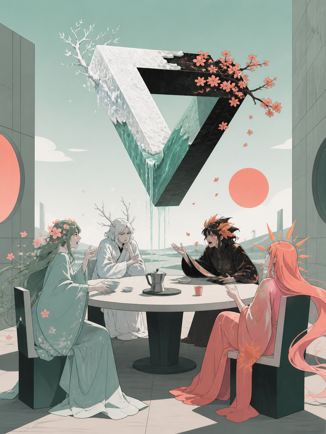 The four seasons arguing around a kitchen table through symbolic forms, using one impossible transformation as the central visual rule. Carefully staged surreal tableau with a single unmistakable focal point. Celadon, co