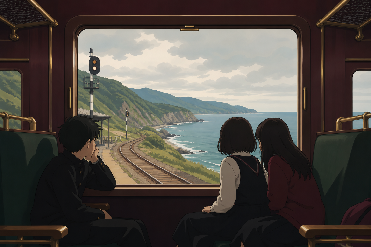 Teen friends taking their first independent trip to the sea, between stations as the passing landscape becomes the main story. View across the carriage toward a large landscape-filled window. Burgundy, midnight green, bo