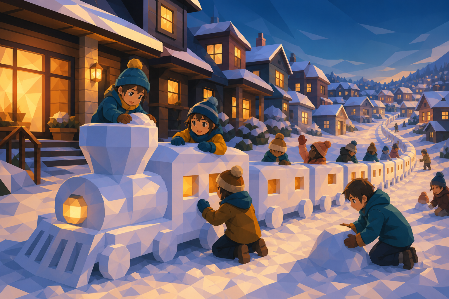 Children building a snow train long enough for the whole neighborhood, during lively age-appropriate winter fun. Cozy evening composition balancing outdoor play and warm buildings. Saffron, peacock blue, dark umber, and 
